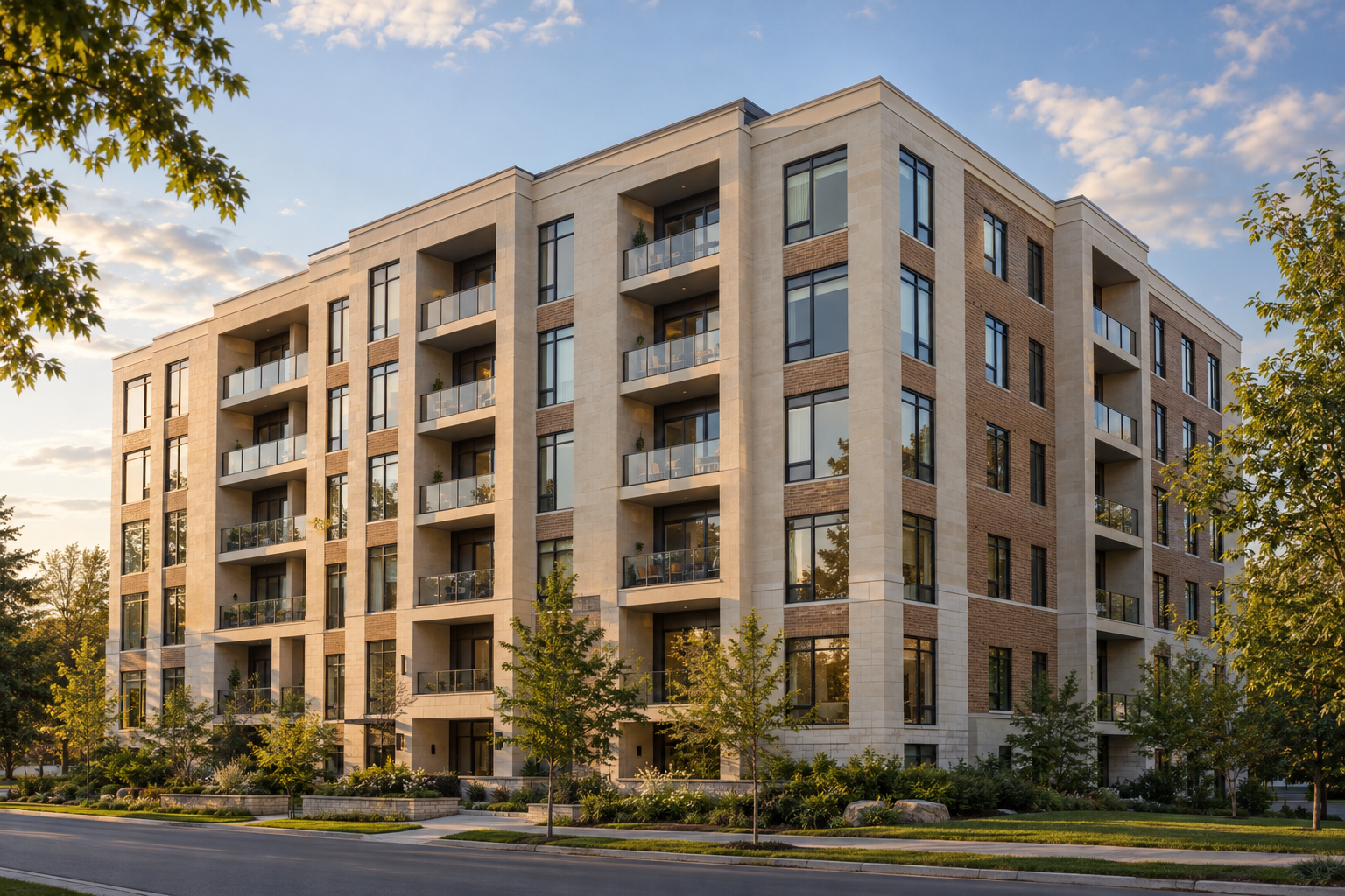 Illustrative contemporary apartment building in warm afternoon light